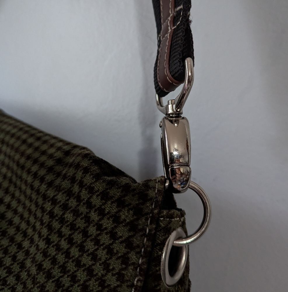 Y2K Vintage Tommy Hilfiger Wool & Leather Houndstooth Messenger Bag Brown Green - Picture 6 of 13